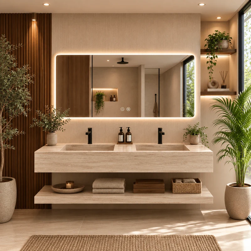 Lavabo Sena Travertino 140 con balda y espejo LED