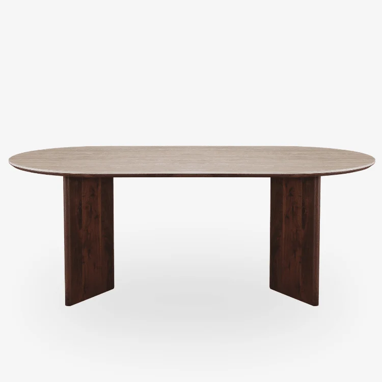Mesa de comedor ovalada en piedra sinterizada efecto travertino Calista 180/200 cm