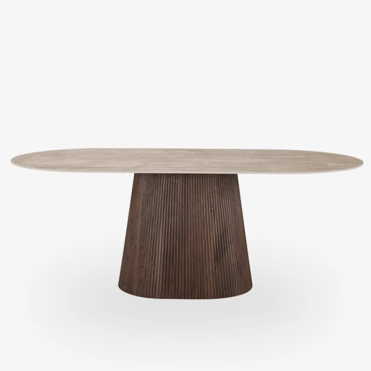 Mesa de comedor oval de piedra sinterizada efecto travertino 200 cm Aurelia