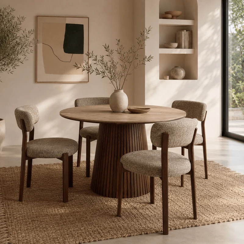 Mesa de comedor redonda en piedra sinterizada efecto travertino Elara 120 cm