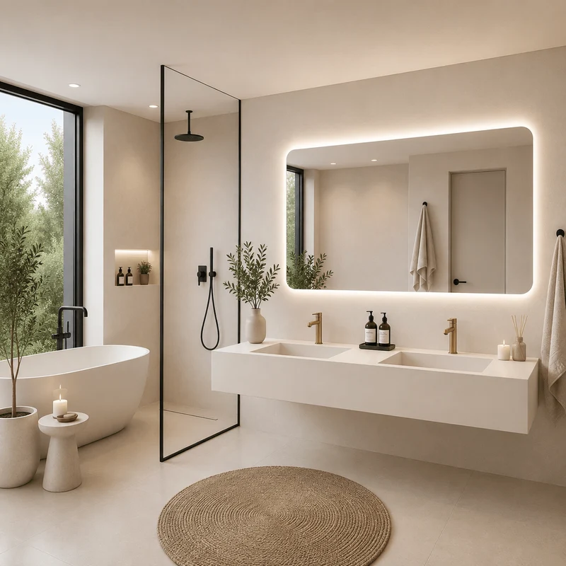 Lavabo Velar Beige de piedra sinterizada con espejo LED 140 - Conjunto suspendido de baño