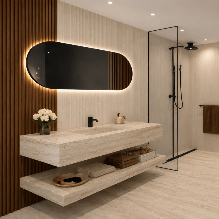 Mueble de baño Nora con espejo LED antivaho en travertino mate