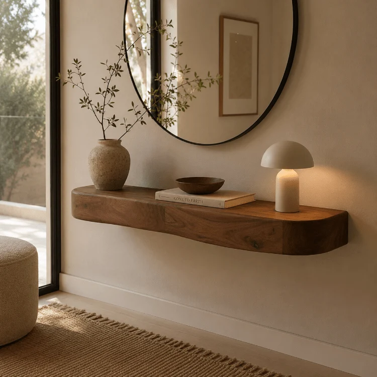 Consola flotante Nuba de madera maciza de acacia con cajón curvo 90 × 25 × 8 cm