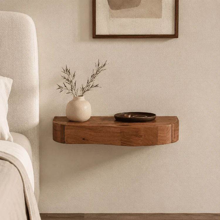 Mesilla flotante Nuba de madera maciza de acacia con cajón curvo 60 × 25 × 8 cm