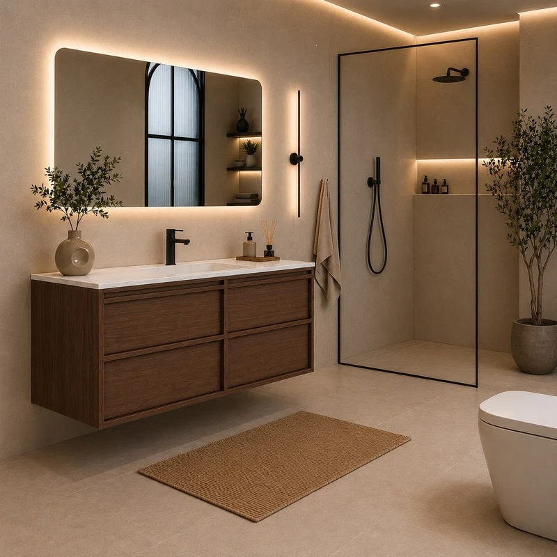 Mueble de baño suspendido KENTO 120 con espejo LED y lavabo Calacatta