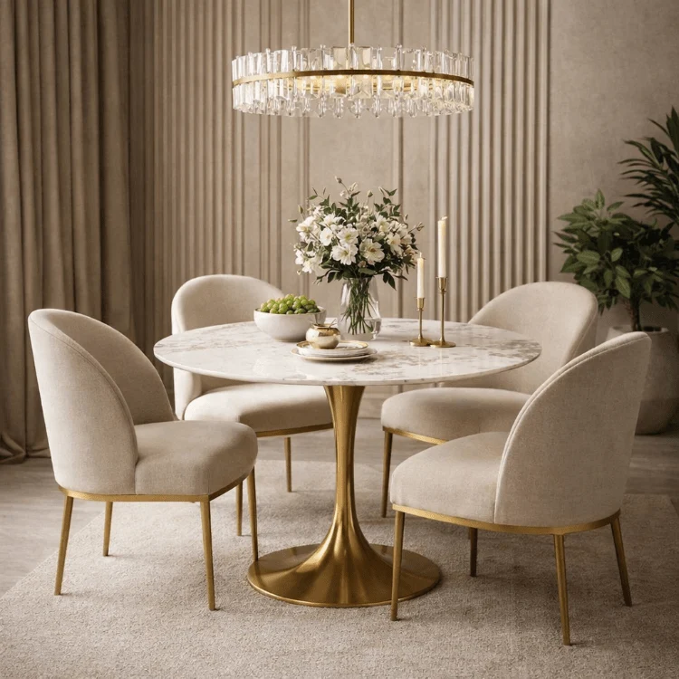 Mesa de comedor Tuli inox dorada piedra sinterizada