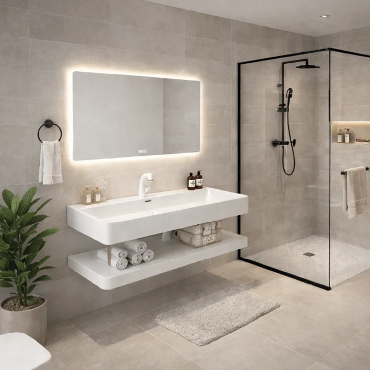 Lavabo Nara Stone con espejo LED · Conjunto suspendido de baño