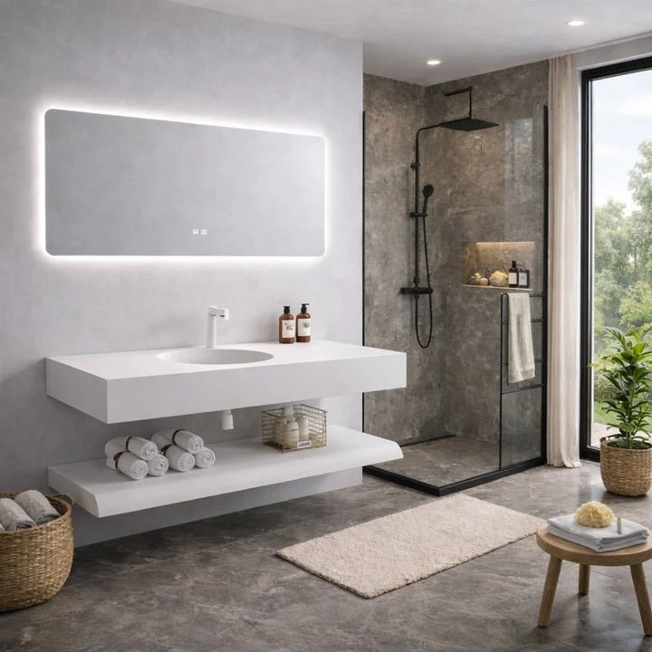 Lavabo Lyra Stone con espejo LED · Conjunto suspendido de baño