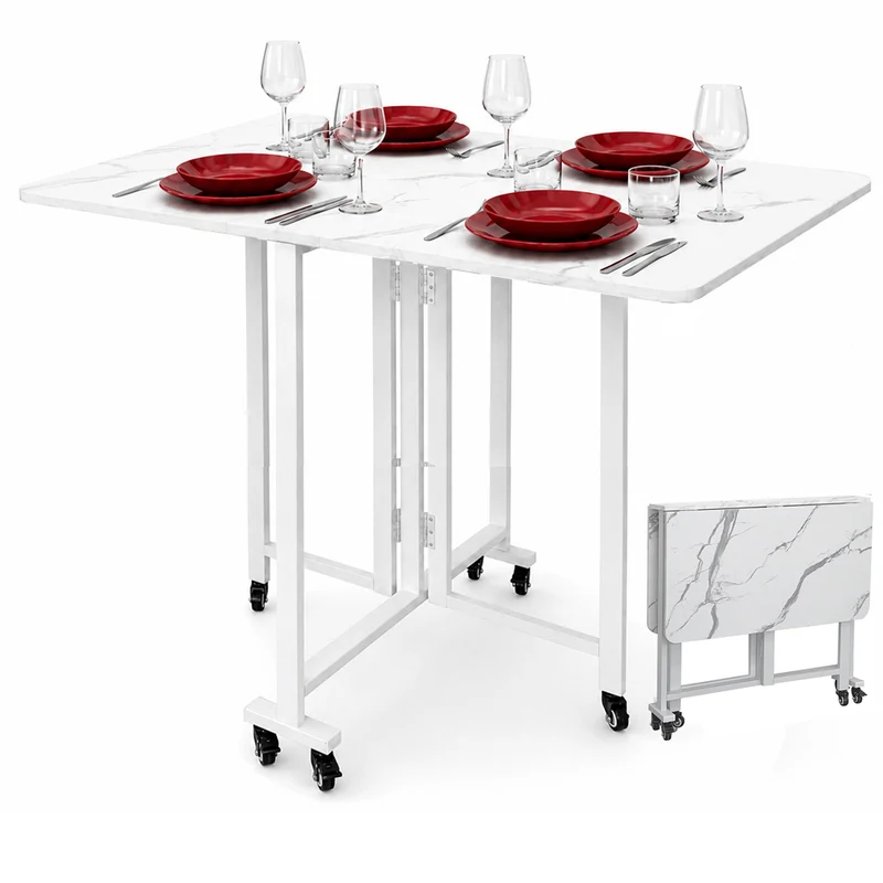Tavolo Pieghevole Pranzo Scrivania Multiuso con Ruote Effetto Marmo 100x80x75cm