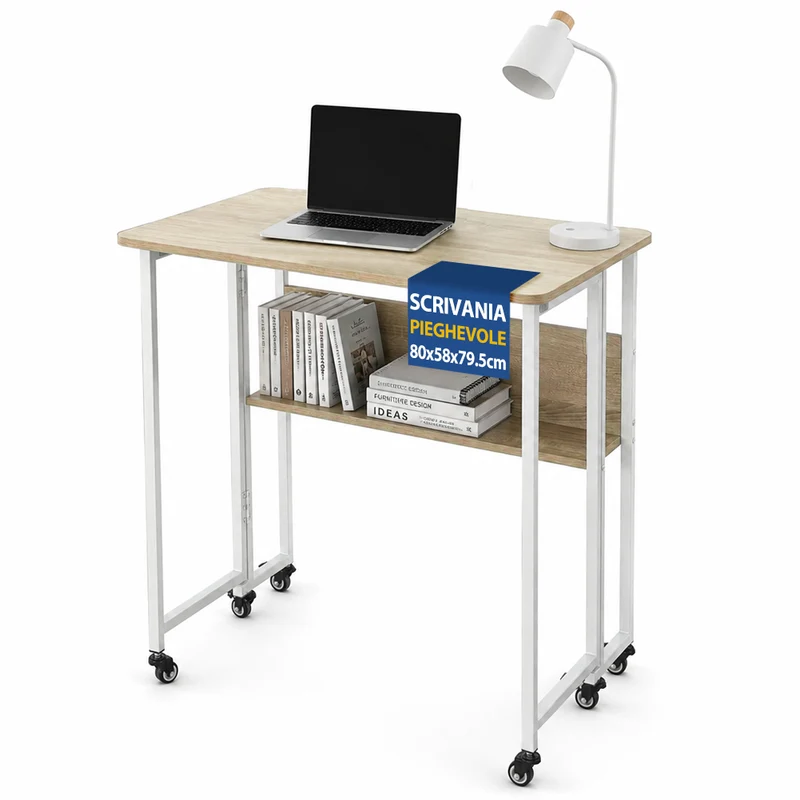 Tavolo Scrivania Pieghevole Multiuso Struttura in Metallo 80x58x79.5cm con Ruote
