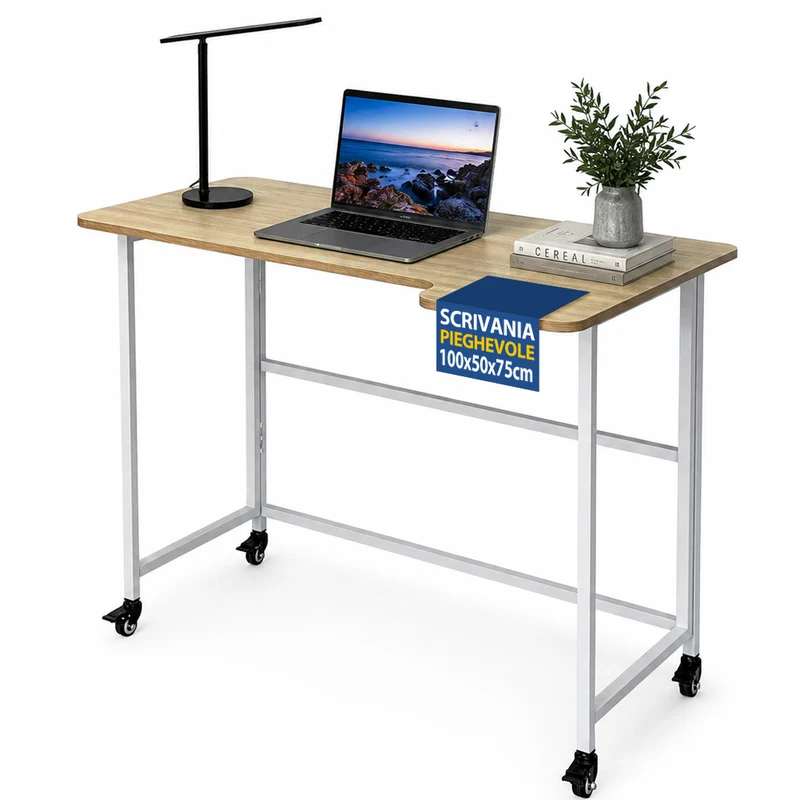 Tavolo Scrivania Pieghevole Multiuso Struttura in Metallo 100x63x76 cm con Ruote