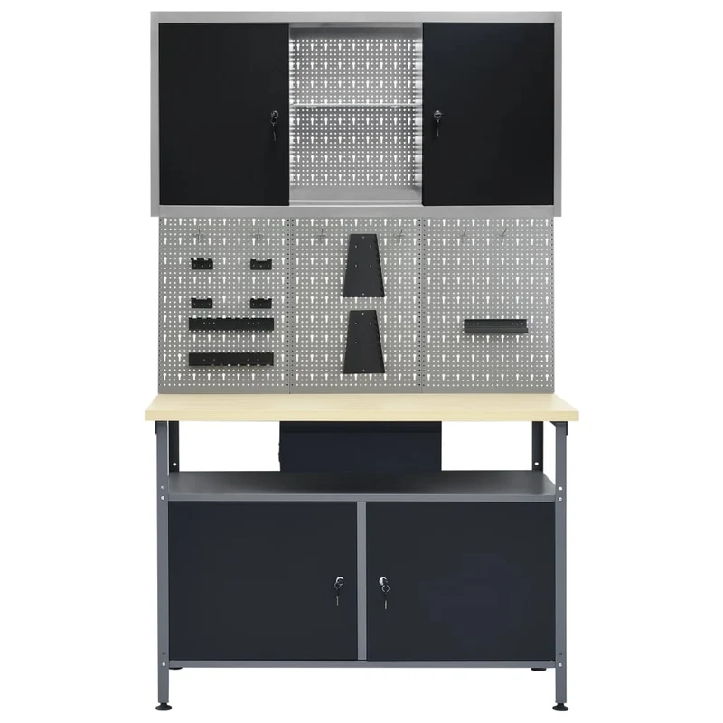 Banco da Lavoro 120x60x85 cm Nero con 3 Pannelli e Pensile Portautensili
