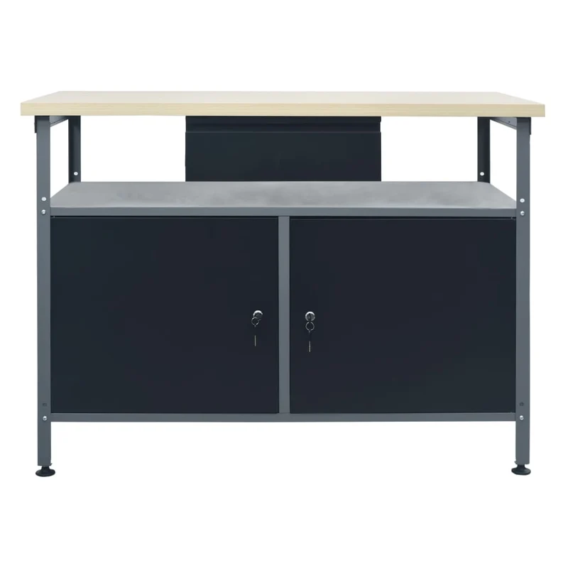 Banco da Lavoro 120x60x85 cm Nero in Acciaio con 2 Armadietti Portata 300 kg