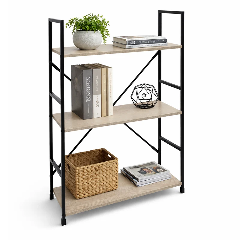 Mobile Scaffale Industrial 3 Ripiani Metallo Nero Legno Mdf Rovere 59x24 H80cm