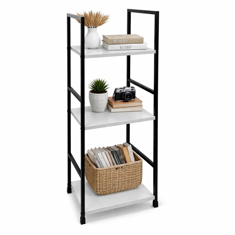 Mobile Scaffale Industrial 3 Ripiani Metallo Nero Legno Mdf Bianco 29x24 H80cm