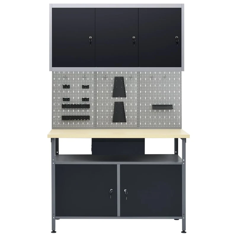 Banco da Lavoro 120x60x85 cm Nero con 3 Pannelli e Pensile a 3 Ante 300 kg