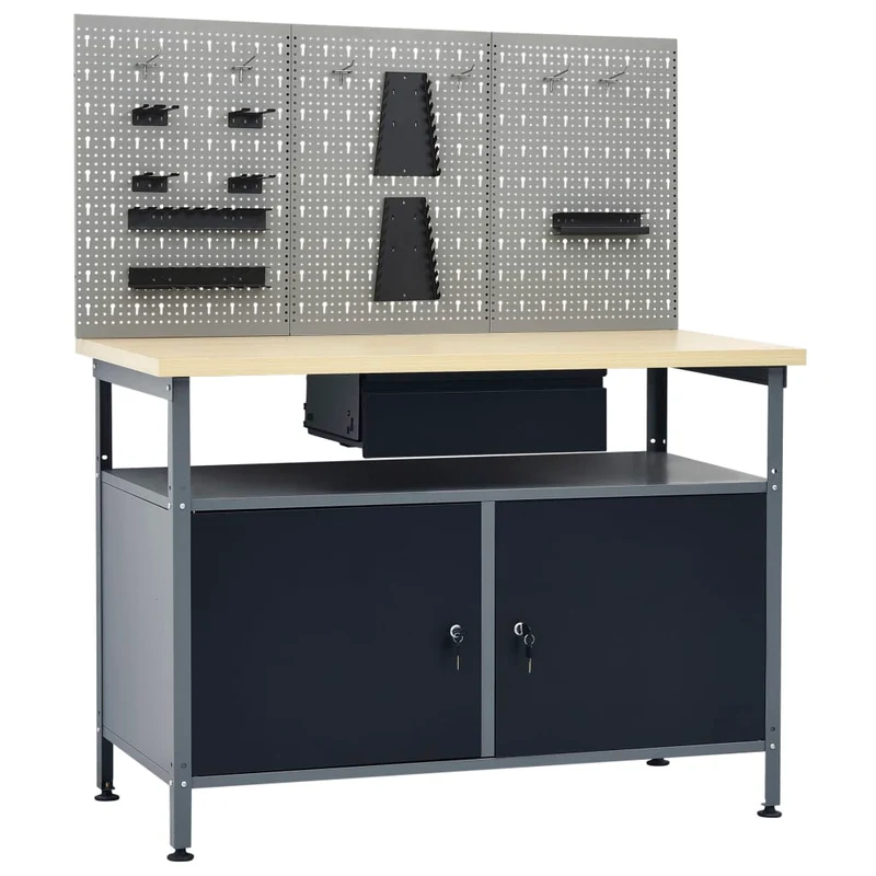 Banco da Lavoro 120x60x85 cm Nero con 3 Pannelli e 2 Armadietti Portata 300 kg