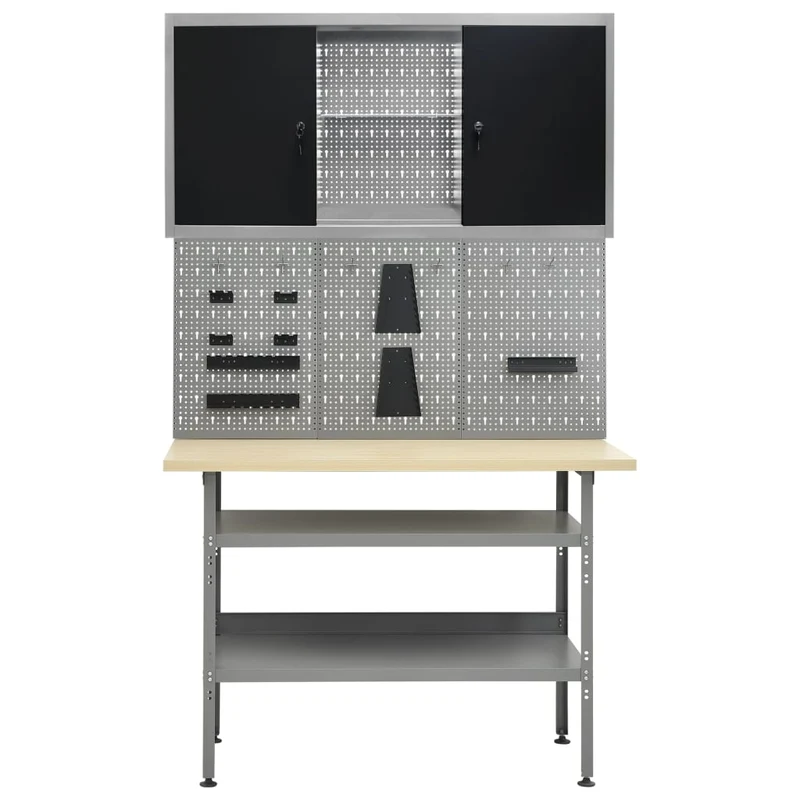 Banco da Lavoro 120x60x85 cm Grigio con 3 Pannelli e Pensile Portata 300 kg