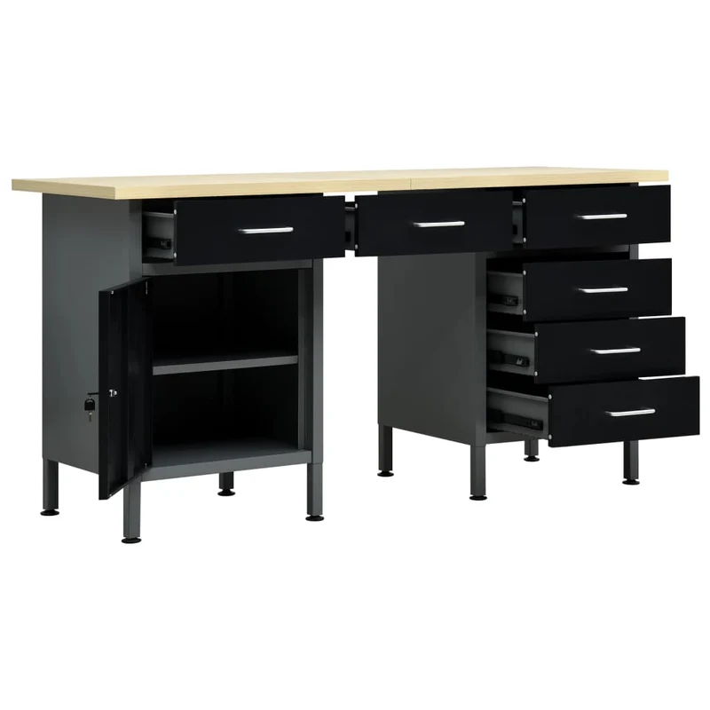 Banco da Lavoro 160x60x85 cm in Acciaio Nero con 6 Cassetti Portata 500 kg
