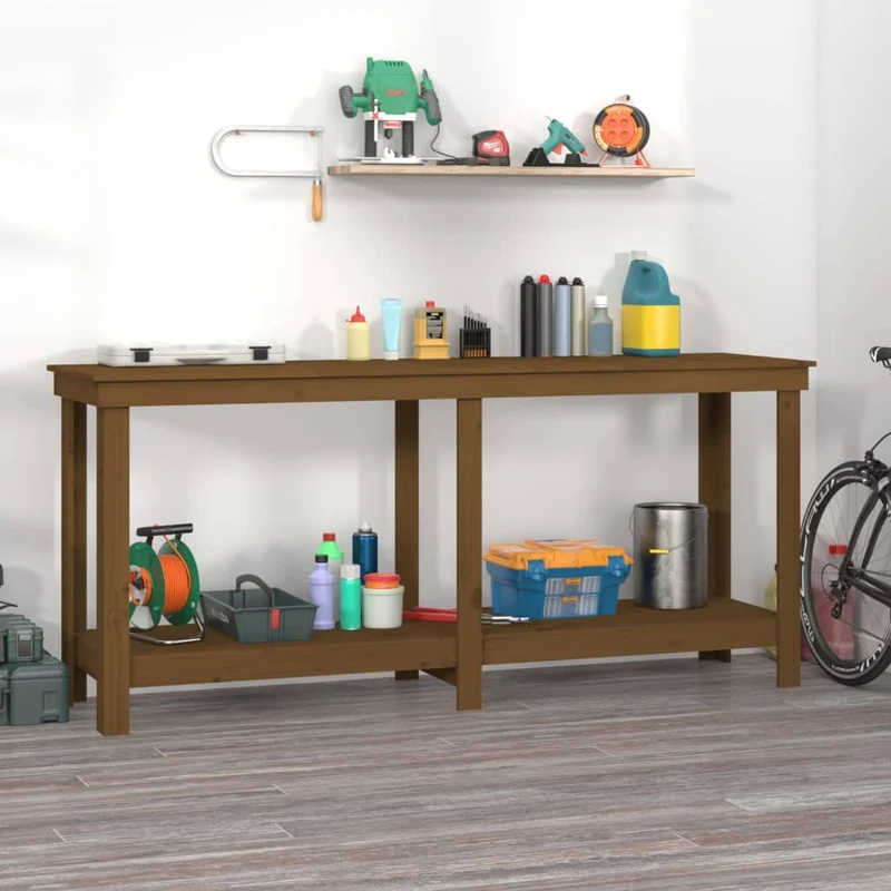 Banco da Lavoro 180x50x80 cm in Legno Massello di Pino Ambra con Ripiani
