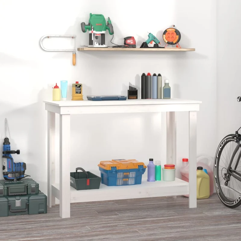 Banco da Lavoro 110x50x80 cm in Legno Massello di Pino Bianco con Ripiano