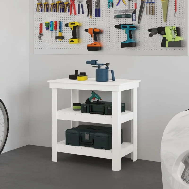 Banco da Lavoro 78,5x50x80 cm in Legno Massello di Pino Bianco con Ripiani