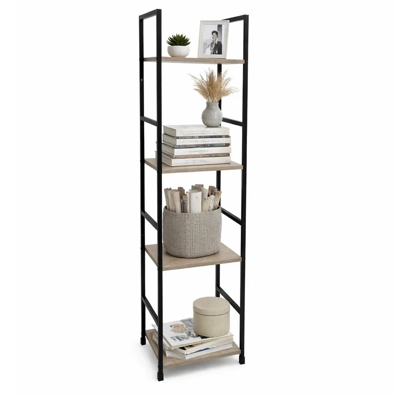 Mobile Scaffale Industrial 4 Ripiani Metallo Nero Legno Mdf Rovere 29x24 H112cm