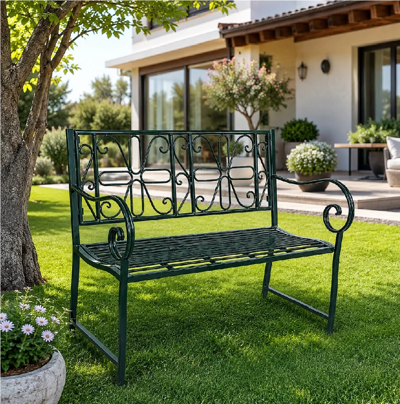Panchina da Giardino 2/3 Posti in Metallo Verniciato Verde con Schienale Decorato
