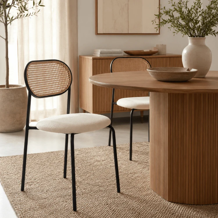 Silla de comedor ratán y asiento tapizado Zaida beige