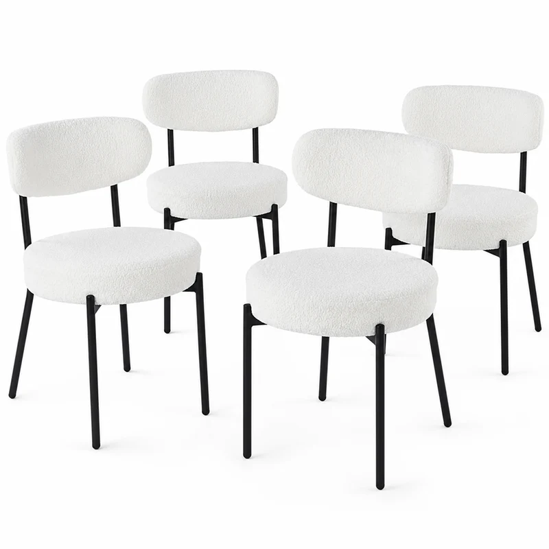 Set 4 Sedie da Pranzo con Gambe Metallo e Seduta Tessuto Teddy Imbottita Crema
