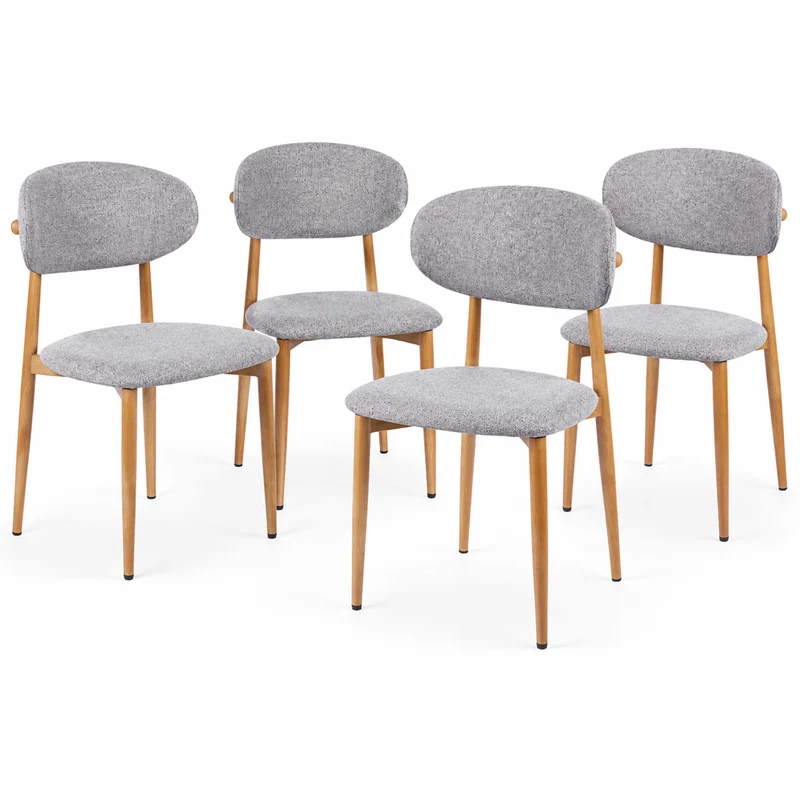 Set 4 Sedie da Pranzo con Gambe in Metallo Effetto Legno e Seduta Tessuto Grigio