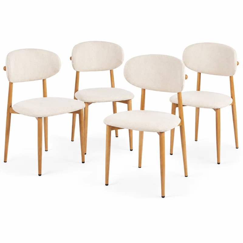 Set 4 Sedie da Pranzo con Gambe in Metallo Effetto Legno e Seduta Tessuto Beige