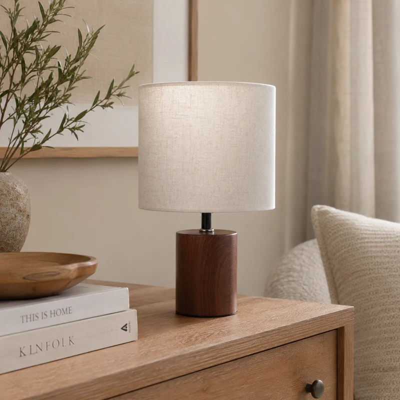Lampada da tavolo con base effetto legno e paralume beige H29,5 cm – Lino