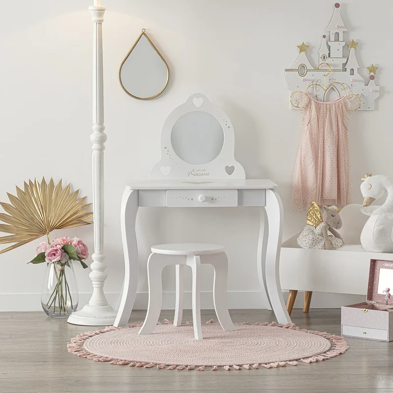 Set toeletta bambini con sgabello, specchio e cassetto in MDF bianco – Lili