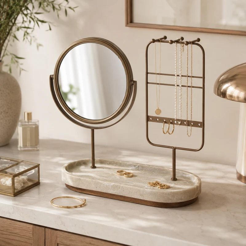 Porta gioielli con specchio rotondo e base in pietra beige – Come
