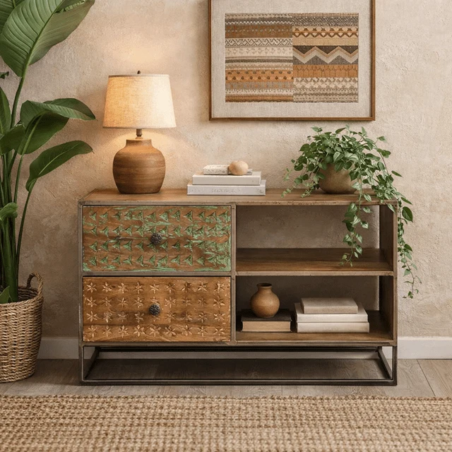 Mueble Tv industrial madera mango tallado Orion