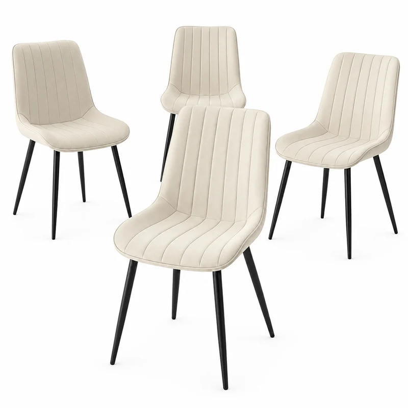 Set 4 Sedie da Pranzo Crema in Velluto Seduta Ergonomica e Struttura in Acciaio