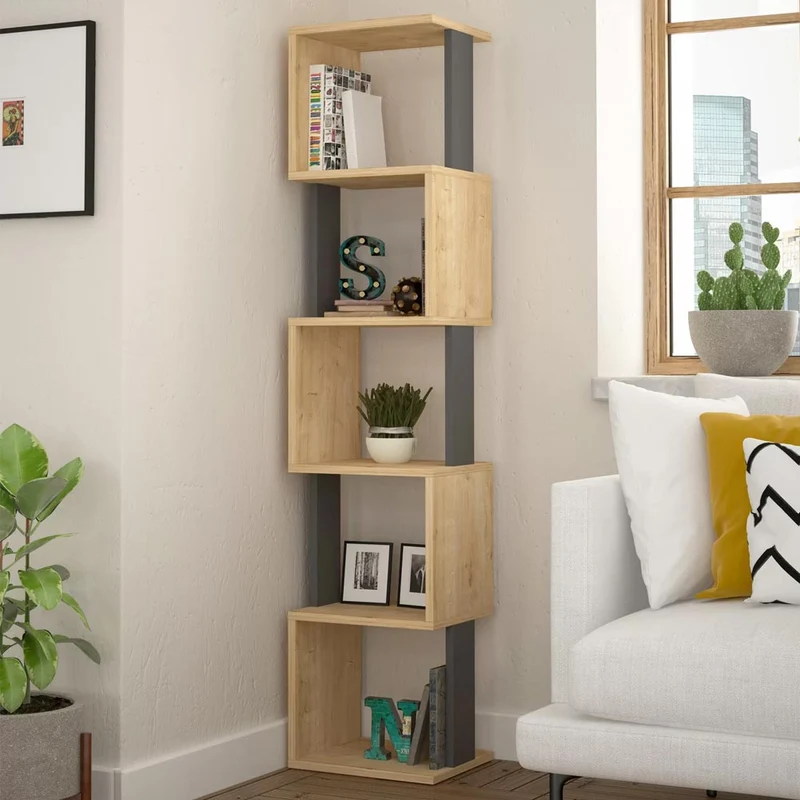 Libreria Design Moderna Scaffale Modulare 5 Ripiani 161x35x30cm Ufficio Oak Grey