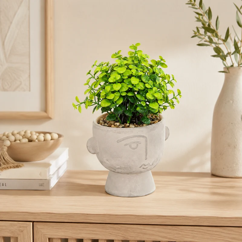 Pianta artificiale in vaso cementizio con volto astratto – Dusty