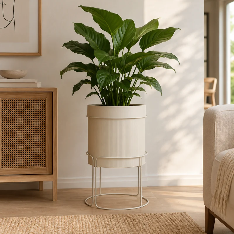 Portavaso cilindrico in metallo beige con supporto – Aze