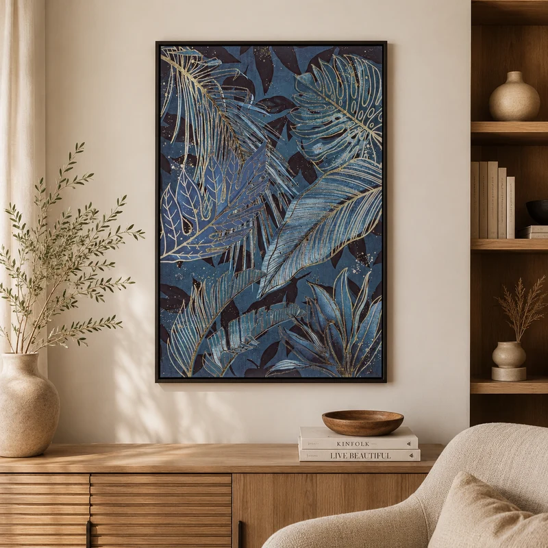 Quadro decorativo su tela botanico blu e oro con cornice nera – Botanic
