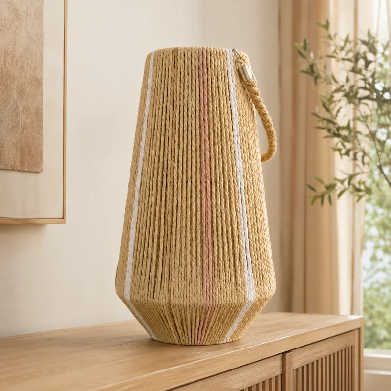 Lanterna decorativa in paper rope beige con strisce bianche e manico – Stripe H45