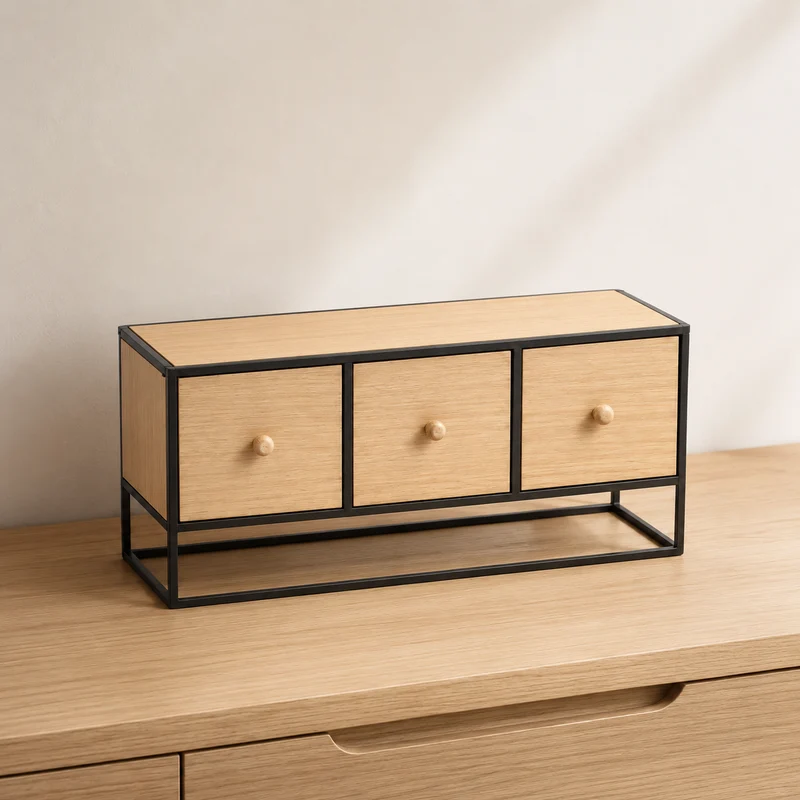 Portatutto da appoggio in legno con 3 cassetti e struttura in metallo nero – Atelier