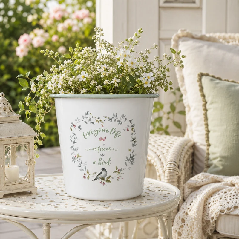 Secchio decorativo in latta bianca con stampa floreale – Live Your Life