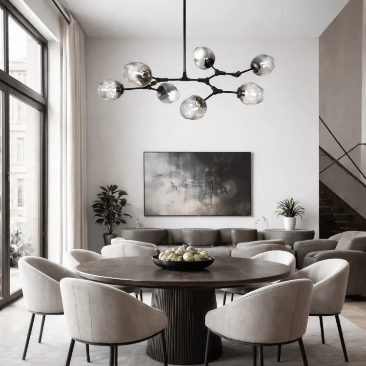 Lámpara de techo 7 brazos acero negro y cristal gris Chandelier