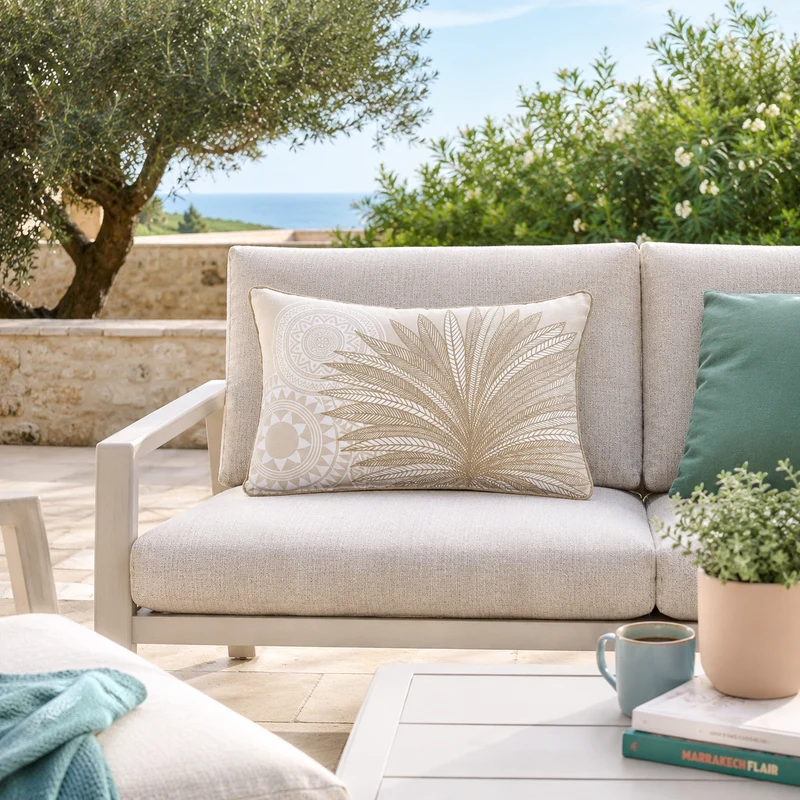 Cuscino da esterno in cotone naturale con ricamo foglie di palma dorate 40x60 cm – Mekong