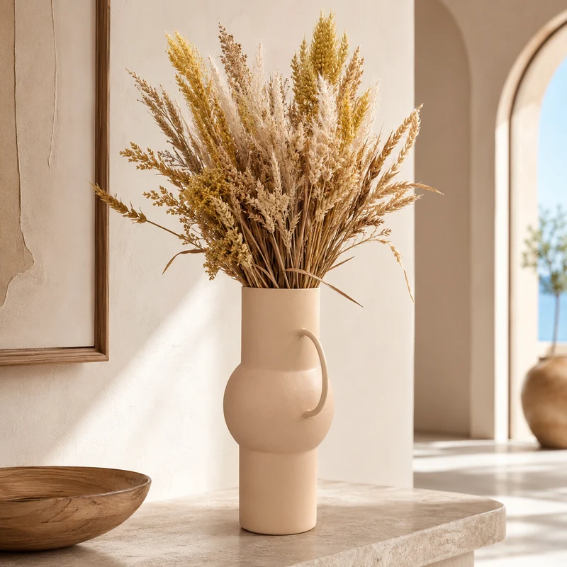Vaso decorativo in ferro rosa cipria con manico circolare H36 cm – Jari