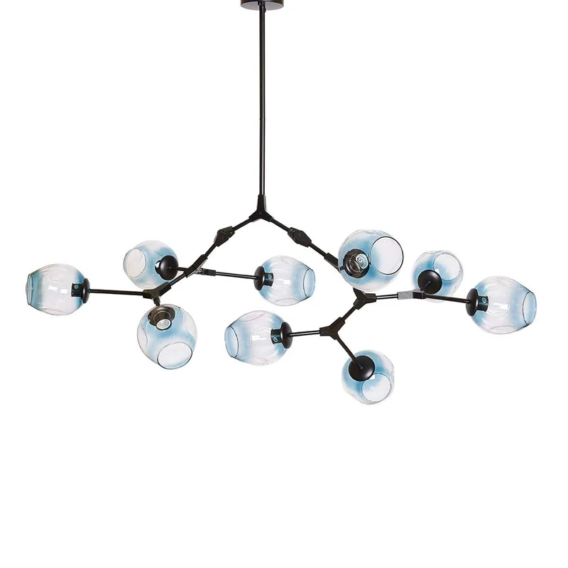 Lámpara de techo 9 brazos acero negro y cristal azul Chandelier