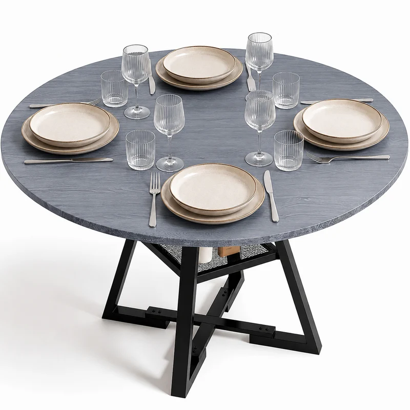 Tavolo per Sala da Pranzo Tondo Grigio con Ripiano Portaoggetti 120x120x76cm