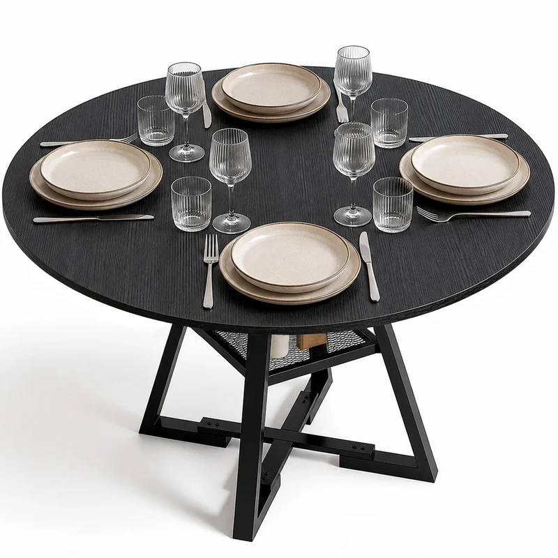 Tavolo per Sala da Pranzo Tondo Nero con Ripiano Portaoggetti 120x120x76cm